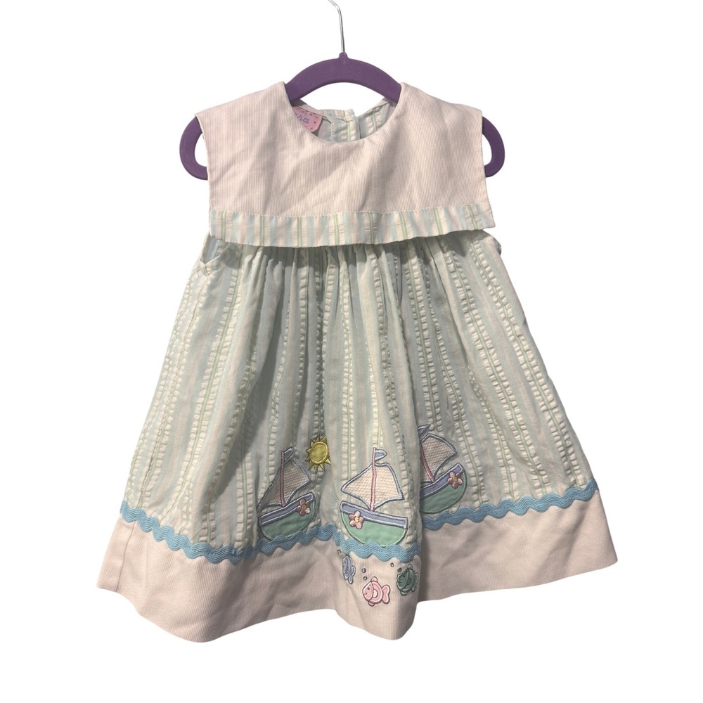 Samara Girls Nautical‎ Seersucker Sailor Dress Blue White Striped Sailboat READ